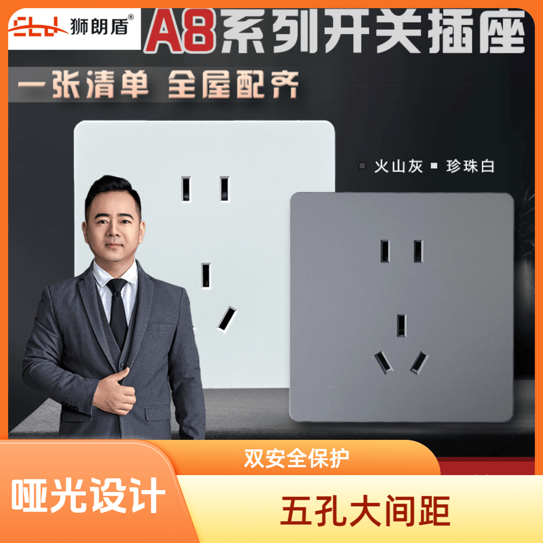 狮朗盾A8超薄肤感哑光开关插座PC阻燃开关插座面板简约耐用五孔
