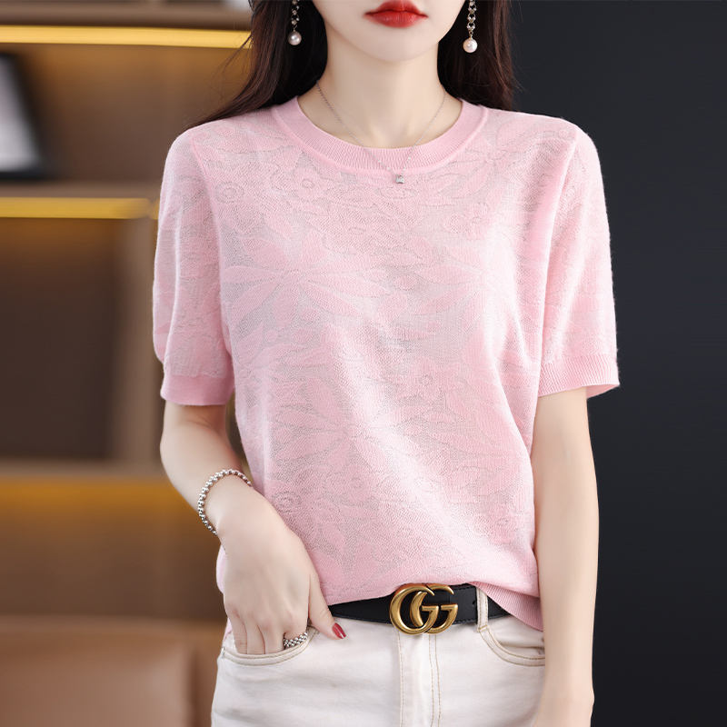 夏季提花圆领镂空气质精纺针织衫洋气大码短